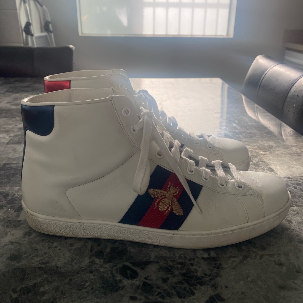 Used Gucci Bee Ace Men's White Calf-Skin Leather High-Top Sneakers Size 8.5